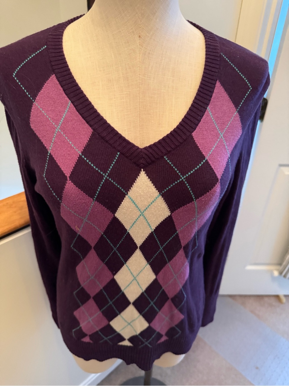 Merona Purple Argyle V-Neck Sweater with Pink and Cream Accents